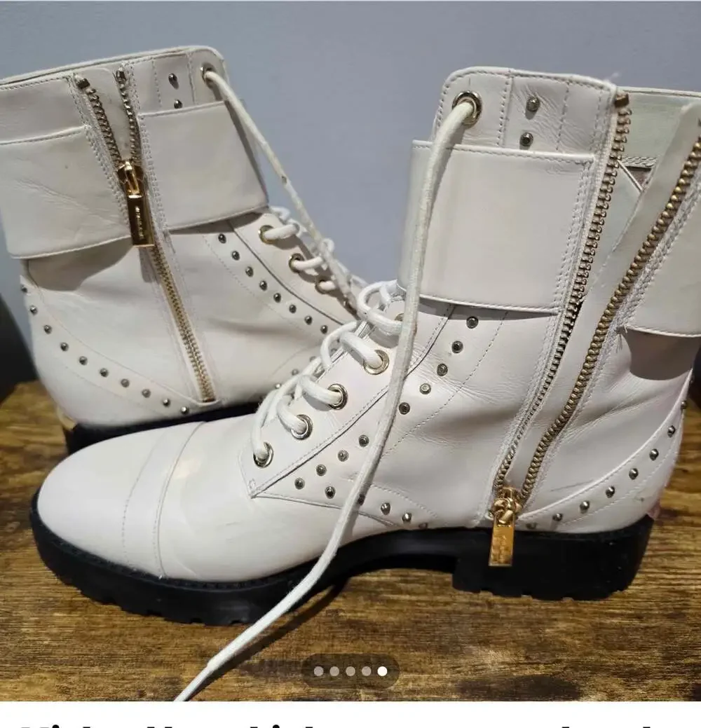 Michael Kors Tatum Leather Combat Boots Size 9M White Gold Studded Biker Boots